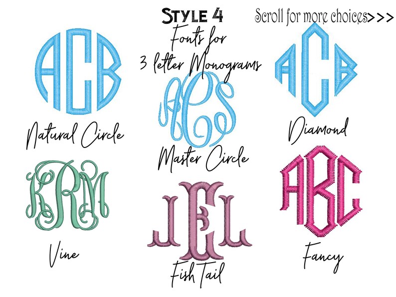 K&ouml;nnte beinhalten: Das Bild zeigt sechs verschiedene Monogramm-Schriftarten f&uuml;r dreibuchstabige Monogramme. Die Schriftarten umfassen Natural Circle, Master Circle, Diamond, Vine, Fish Tail und Fancy. Jeder Stil zeigt ein Beispielmonogramm in verschiedenen Farben vor wei&szlig;em Hintergrund.