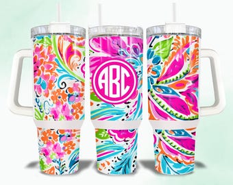 Pink Floral 40oz Tumbler with Handle: Personalized Travel Mug