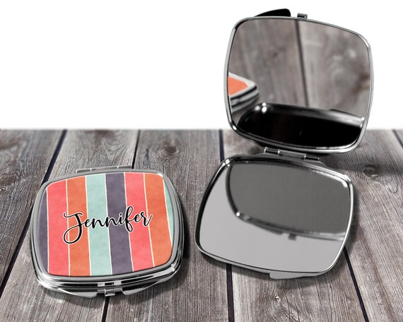 Bridesmaid Gifts, Striped Design Compact Mirror, Purse Mirror, Gift for Her, Monogrammed Mirror, Makeup Mirror, Design COM8