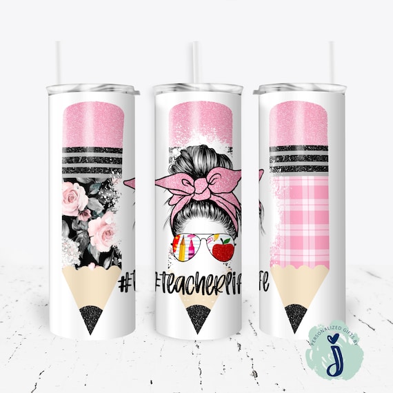 Teacher Appreciation Gift tumbler, Messy Bun teacher tumbler, Pink Preppy Teacher Gift t1005