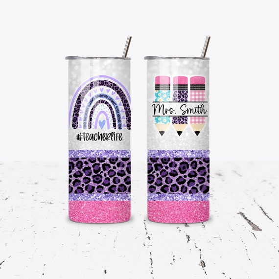 Teacher Gift Pink Glitter Tumbler with Crayon Design, Personalized School Teacher Appreciation Gift, Custom Teacher Drinkware