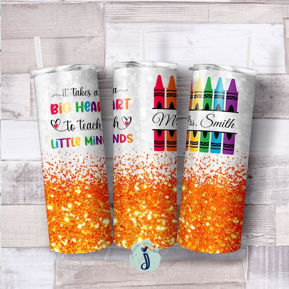 Teacher Gift Orange Glitter Tumbler with Crayon Design, Personalized School Teacher Appreciation Cup, Custom Teacher Present