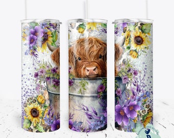 Cute Highland Cow Tumbler, Cow Floral Tumbler, Furry Cow Tumbler, Western Tumbler, Tumbler with lid and straw