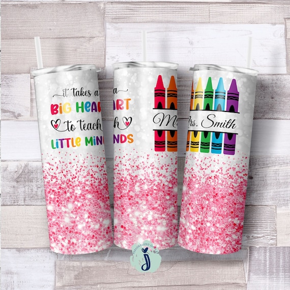 Teacher Gift, Pink Glitter School Teacher Tumbler, Crayon Tumbler, Appreciation Gift, Personalized Teacher Gift