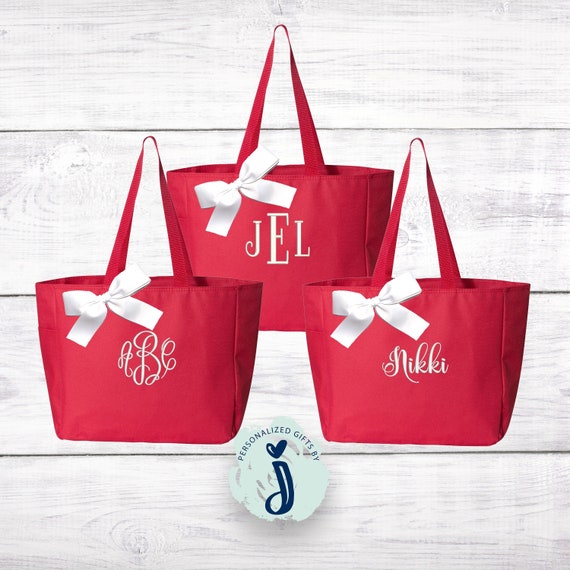 Personalized Bridesmaid Gift Tote Bag, Red Embroidered Tote, Bridal party Gift, Custom Tote Bag, Girlfriend Gift (EDT1)