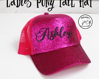 Ponytail Hat Custom Glitter Hot Pink, Monogrammed,High Pony Tail Hat, High Pony Cap, Baseball Hat Messy Bun Hat  Women Gift under 10