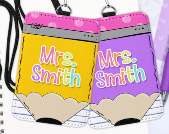 Personalized Teacher ID Badge Holder: Custom Faux Leather Lanyard Pencil Theme