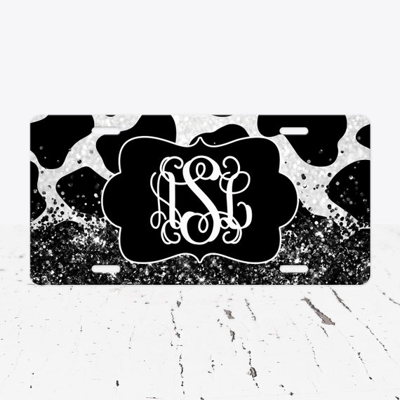 Cow Print License Plate , Faux Glitter Car Tag, Personalized Car Tag, Monogram Plate, Personalized Plate, Front License Plate