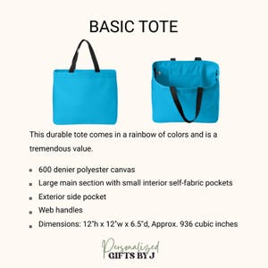 May include: Two views of a bright blue tote bag with black handles. The bag has an exterior side pocket and interior pockets. The text "BASIC TOTE" is at the top. Dimensions are approximately 30cm high x 30cm wide x 16.5cm deep.