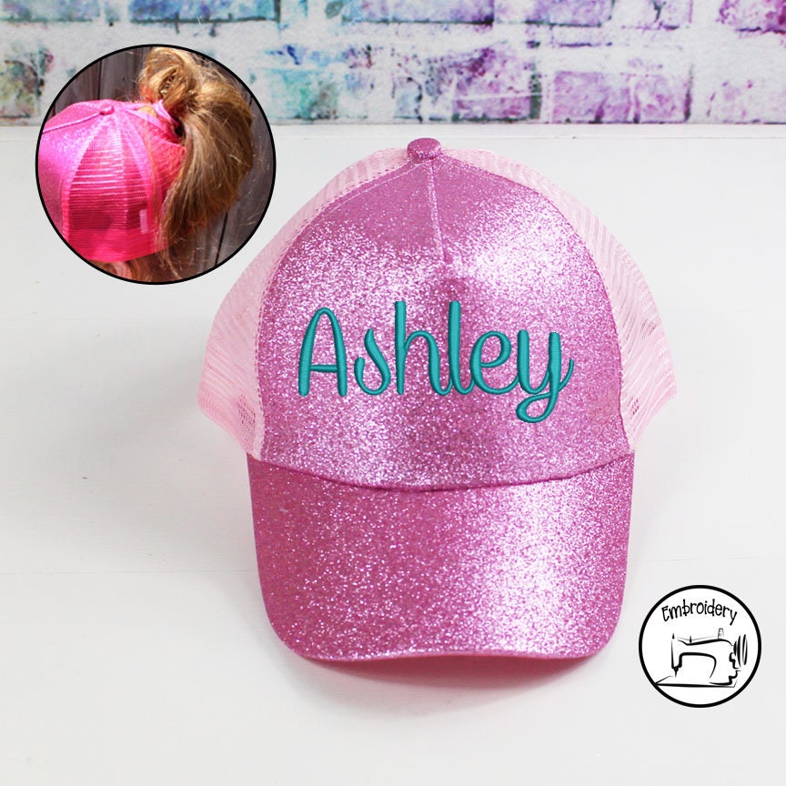 Custom Glitter Pink, Monogrammed, Embroidered ,High Ponytail, Trucker