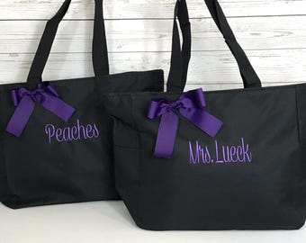 Black Monogrammed Tote Bag, Personalized Bridesmaid Gift