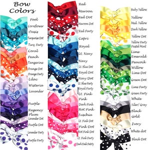 May include: A chart of bow colors with polka dots. The colors include red, maroon, baby yellow, yellow, dark yellow, turquoise, coral, peach, orange, lilac, wisteria, lavender, purple, pink, dark pink, hot pink, fuchsia, lime, emerald, peacock, willow, green, white, silver/gray, black, gold, ivory, and black.