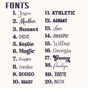 K&ouml;nnte beinhalten: Eine Liste von 20 verschiedenen Schriftarten, nummeriert von 1 bis 20, wobei jeder Schriftname in seinem jeweiligen Stil angezeigt wird. Das Wort "FONTS" steht oben. Zu den Schriftarten geh&ouml;ren Jessica, Heather, Sunset, Bestie, Magic, Groovy und Insta.