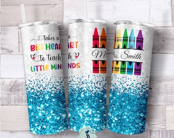 Teacher Gift, Blue Glitter School Teacher Tumbler, Crayon Tumbler, Appreciation Gift, Personalized Teacher Gift