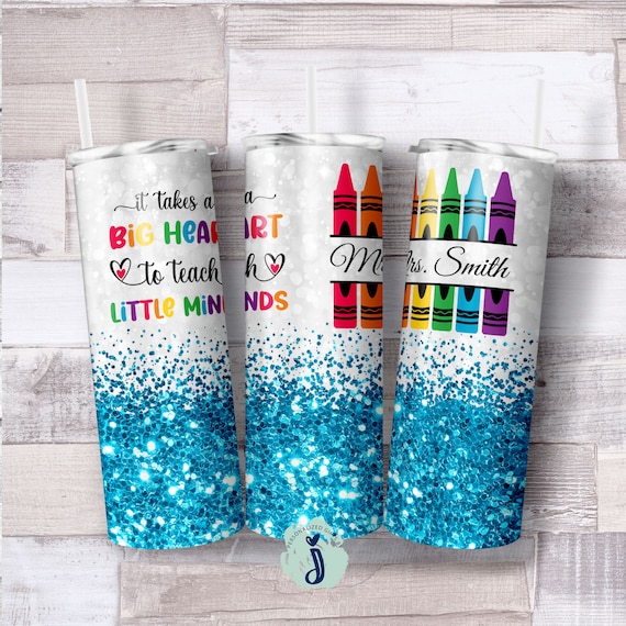 Teacher Gift, Blue Glitter School Teacher Tumbler, Crayon Tumbler, Appreciation Gift, Personalized Teacher Gift