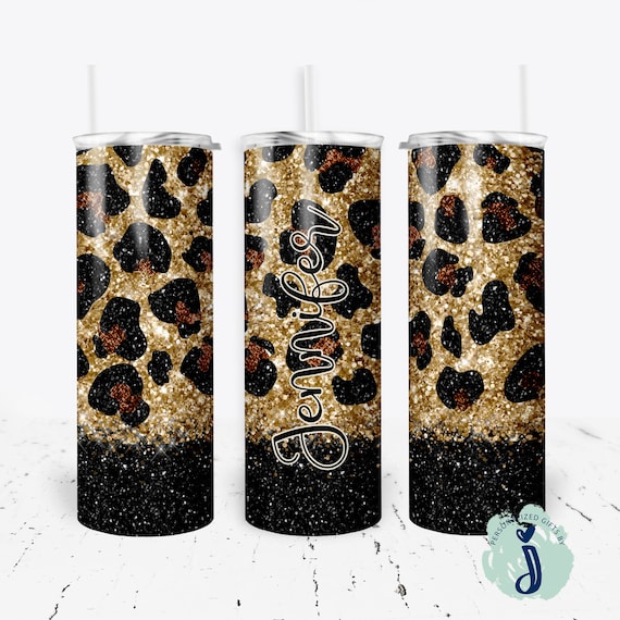 Personalized Tumbler with lid and straw, Faux glitter and leopard tumbler, Sublimation tumbler, Personalize bridesmaid gift, Best friend