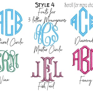 May include: A graphic showing 6 different monogram font styles for 3 letter monograms. The styles are: Natural Circle, Master Circle, Diamond, Vine, Fish Tail, and Fancy.
