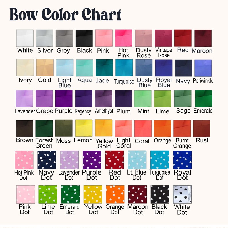 K&ouml;nnte beinhalten: Eine Farbkarte mit dem Titel "Bow Color Chart" zeigt eine Vielzahl von Schleifenfarben. Unifarbene Farben sind Wei&szlig;, Schwarz, Rosa, Rot und mehr. Es werden auch Polka-Dot-Muster in Rosa, Marine, Lavendel, Rot und anderen Farben gezeigt.