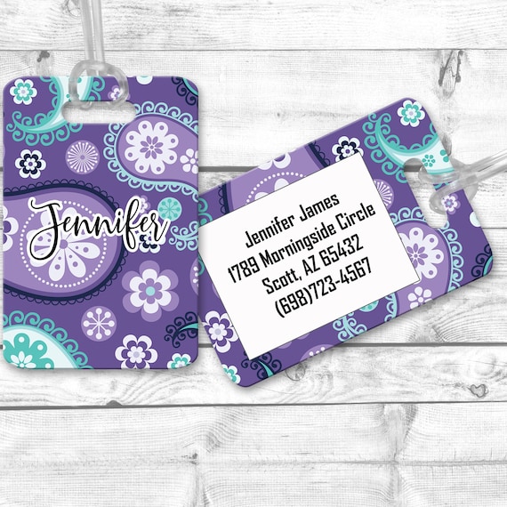 Purple Paisley Luggage Tag, Travel Bag Tag Identifier, Personalized Bag Tag, Custom Luggage Tag, Bechelorette Party Favor