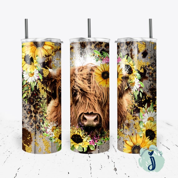 Cow and Sunflower Tumbler, Highland cow tumbler, fuzzy cow glass, Furry cow tumbler