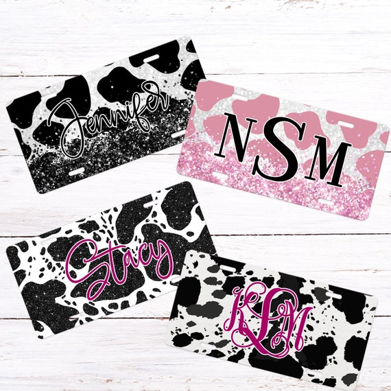 Personalized Car tag, Glitter Cow Print License Plate , Faux Glitter Car Tag, Monogram Plate, Personalized Plate, Front License Plate