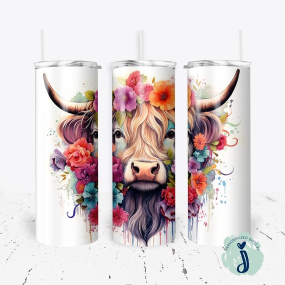 Floral Highland Cow Tumbler, Cute Fuzzy Cow Tumbler, Furry Cow Lover Gift, Gift for Her