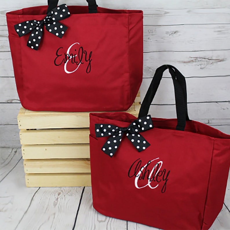 Red Embroidered Tote Bag with Zipper Closure