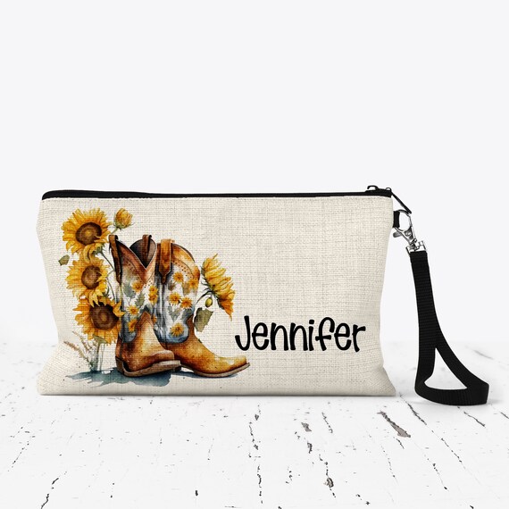 Personalized Makeup Bag, Sunflower Cowboy Makeup Bag, Western Make Up Bag, Personalized Cosmetic Bag, Custom Make Up Bag