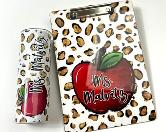 Personalized Leopard Print Teacher Gift Set – Tumbler & Clipboard