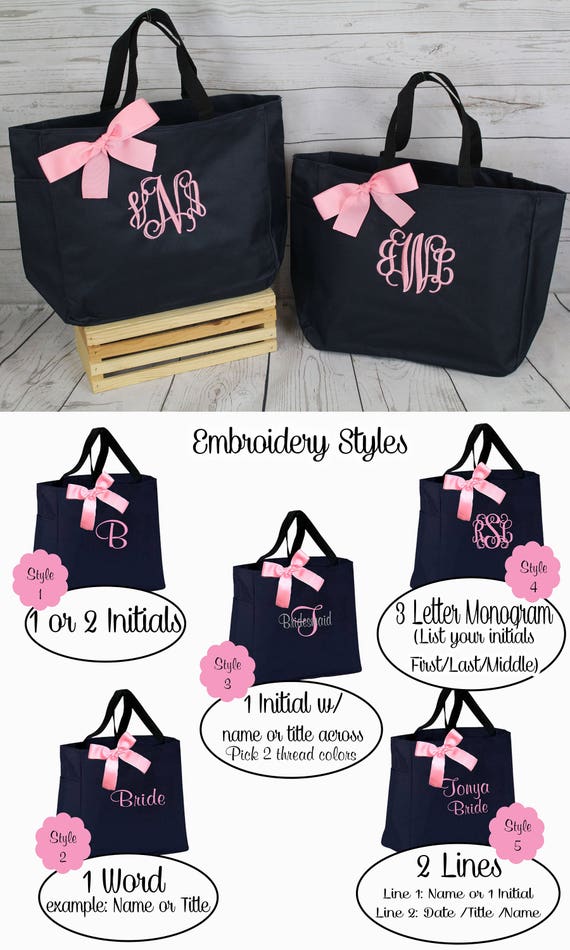 Set of 3 Personalized Tote Bags, Bridesmaid Gift, Embroidered Tote, Monogrammed Tote, Bridal Party Gift, (ESS1)