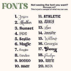 May include: A cream-coloured graphic displaying various font styles. The word "FONTS" is in green at the top left. The image shows 20 different font options, each with a unique name and style, from script to bold.