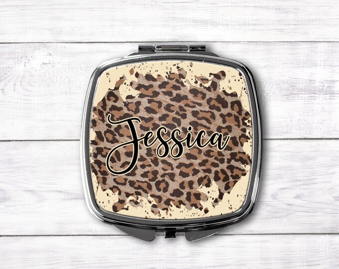 Leopard Print Purse Mirror, Personalized Gift, Pocket Mirror, Bridesmaid Gift, Wedding Party favor