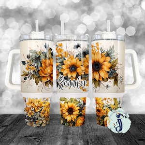 40 Oz Sunflower Floral Tumbler for Bridesmaid or Sister Gift with Handle
