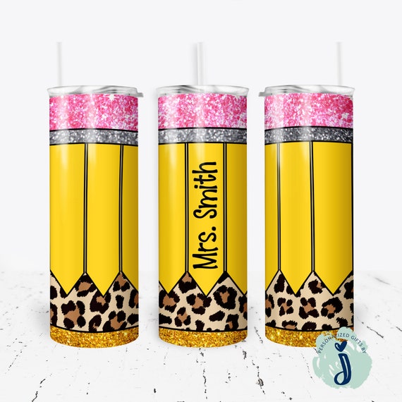 Personalized Tumbler for Teacher, End Of Year Teacher Gift, Teacher Appreciation Gift, Leopard and Faux Glitter Tumbler T1004