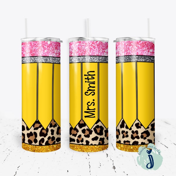 Personalized Tumbler for Teacher, End Of Year Teacher Gift, Teacher Appreciation Gift, Leopard and Faux Glitter Tumbler T1004