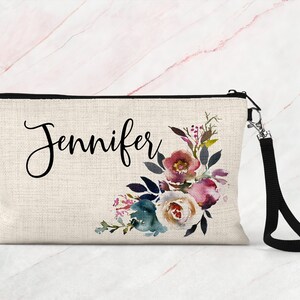 Personalized Bridesmaid Gifts, Floral Makeup Pouch, Linen Makeup Pouch, Cosmetic Case COS35