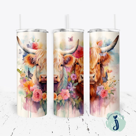 Floral Highland Cow Tumbler, Fuzzy Cow Tumbler, Furry Cow Lover Gift, Gift for Her