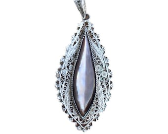 Antiqued Silver Tone FILIGREE & Pink Mother of Pearl Pendant Necklace