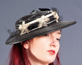 Vintage 1940's Horsehair Crinoline Hat, Black Wide BRIMMED Hat, Retro VICTORIAN Style