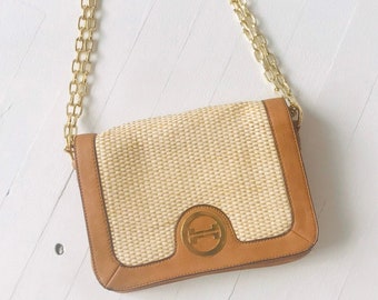 1970's Leather + Wicker Shoulder Bag