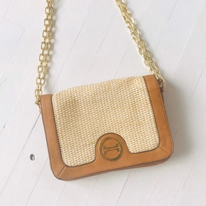 1970&#39;s Leather + Wicker Shoulder Bag