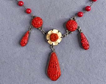 STERLING Arts and Crafts Style Cinnabar Flower Necklace