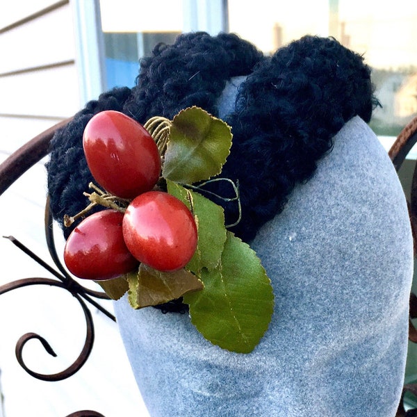 Vintage 1940's Persian LAMB Half Hat Headband with CHERRIES, 50s Burlesque Fascinator Hat