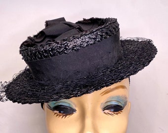 Ladies 1930's / 1940's Edwardian Style Black Straw Top Hat