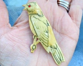 1930's CELLULOID BIRD Brooch / Hand Painted with Rhinestone Cardinal Pin