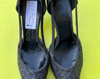 Black GLITTER Vintage Early 60's High Heel STILETTO Shoes / size 7 1/2