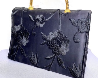 Black Vintage 1960's "Cara" Floral Brocade Purse with Jeweled Handle