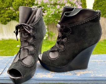 Retro Victorian "Seychelles" High Heel PLATFORM Wedges, Black Lace Up BOOT Shoes, size 7