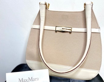 MAX MARA Designer Purse, Taupe Linen & White Leather Hand Bag w/COA