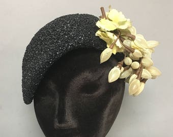 Rare 1940's TATIANA of Saks Fifth Ave. Hat, Black STRAW Hat with UNUSUAL Side Decoration